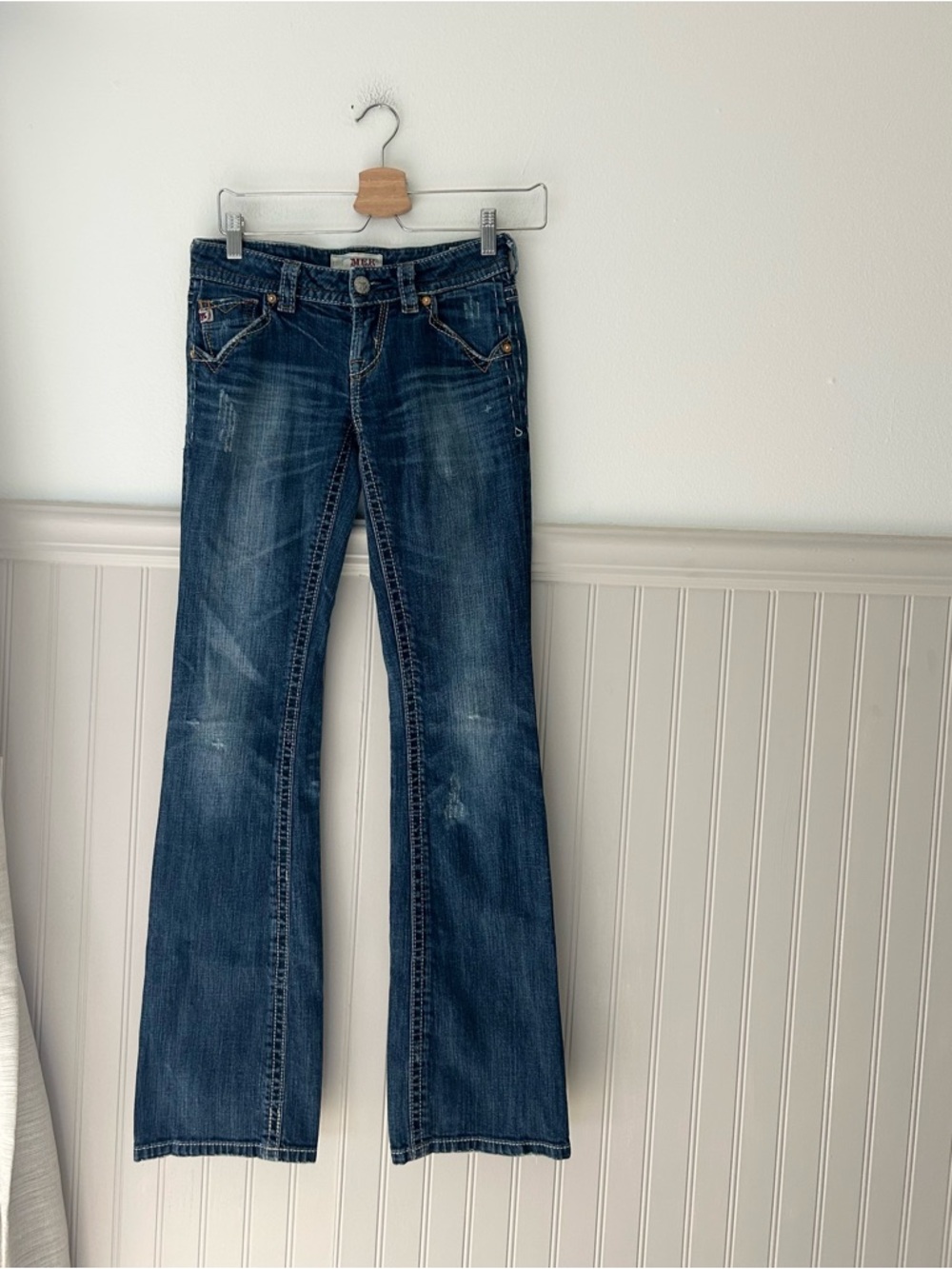 Y2K MEK Denim Oaxaca Bootcut Jeans 25x34 Low Rise Distressed Dark Wash